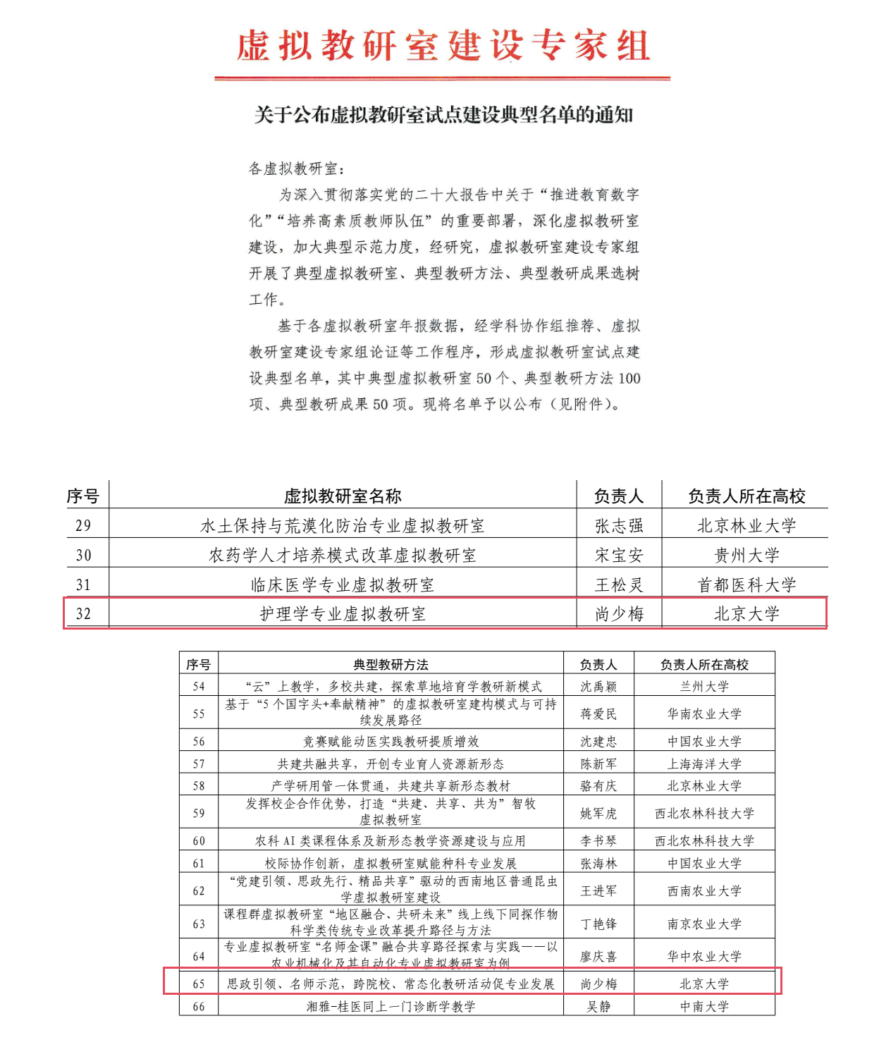北京大学护理学院牵头的教育部护理学专业虚拟教研室入选试点建设典型名单(20231215)_01.png